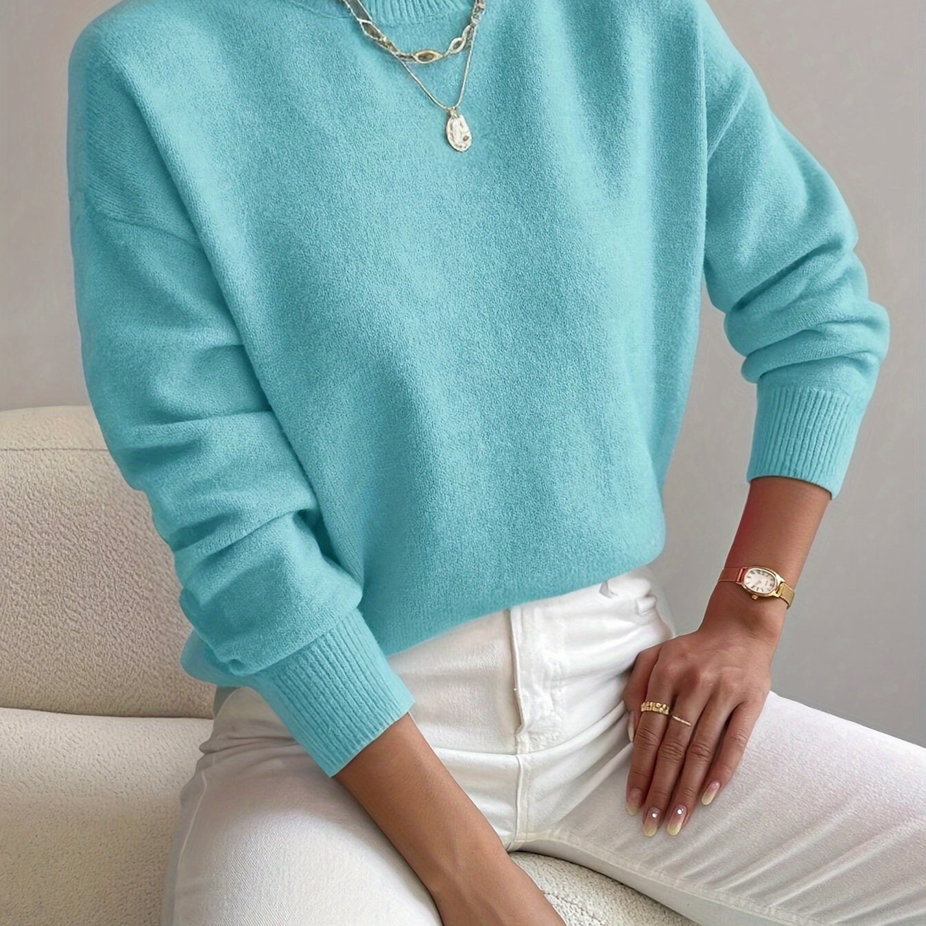 Suéter de punto cómodo para mujeres con cuello alto, mangas largas y estilo relajado y oversized
