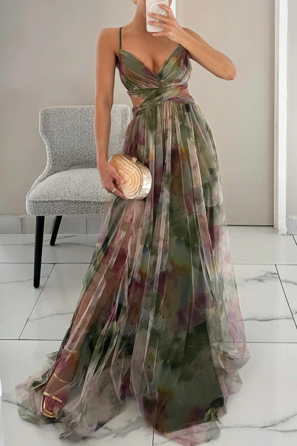 Elegante Vestido Maxi Floral Acuarela para Mujeres con Escote en V Sin Mangas y Cintura Envueltada, Estilo Formal para Invitadas de Boda