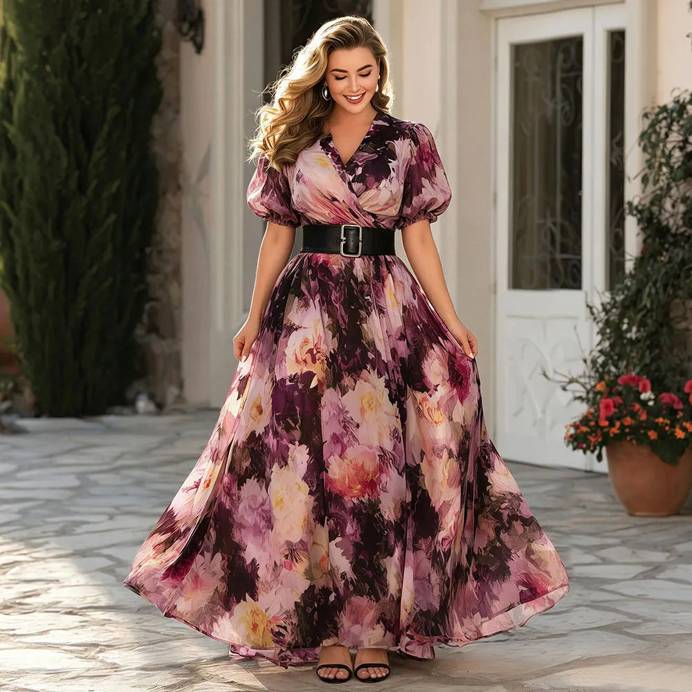 Elegante Vestido Maxi Floral Púrpura para Mujeres con Escote en V, Mangas Abullonadas y Cinturón para Invitadas de Boda