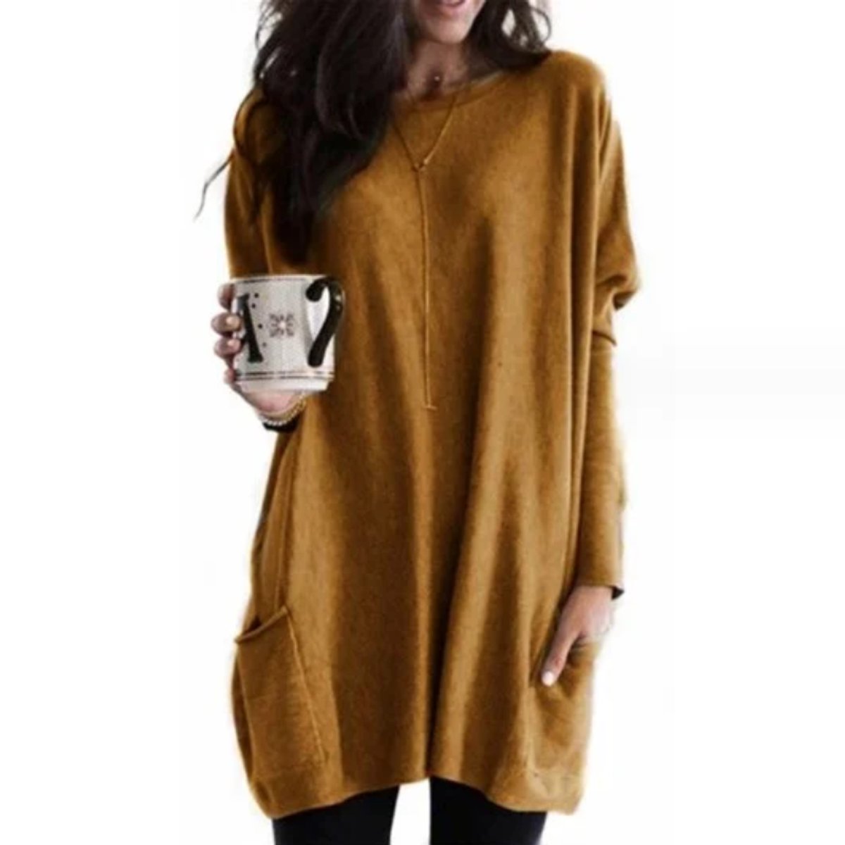 Túnica de Punto Cómoda para Mujeres con Cuello Redondo, Manga Larga, Estilo Oversized y Bolsillo Relajado