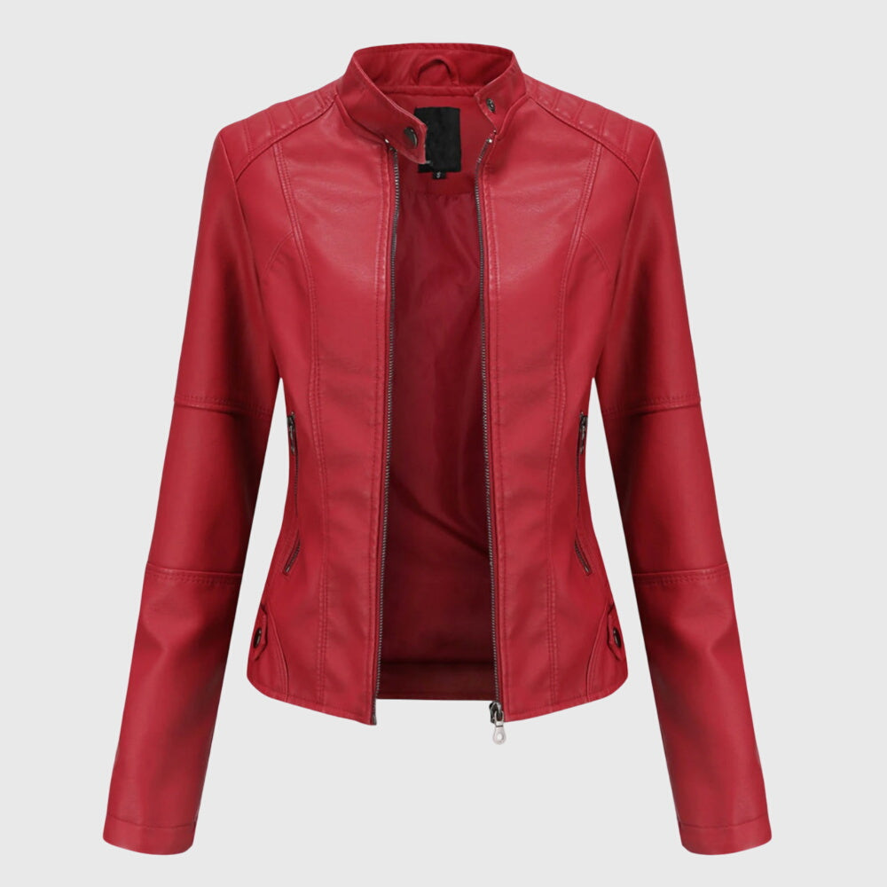 Chaqueta de Moto de Cuero Sintético Elegante para Mujeres con Cuello Alto, Manga Larga y Estilo Ajustado