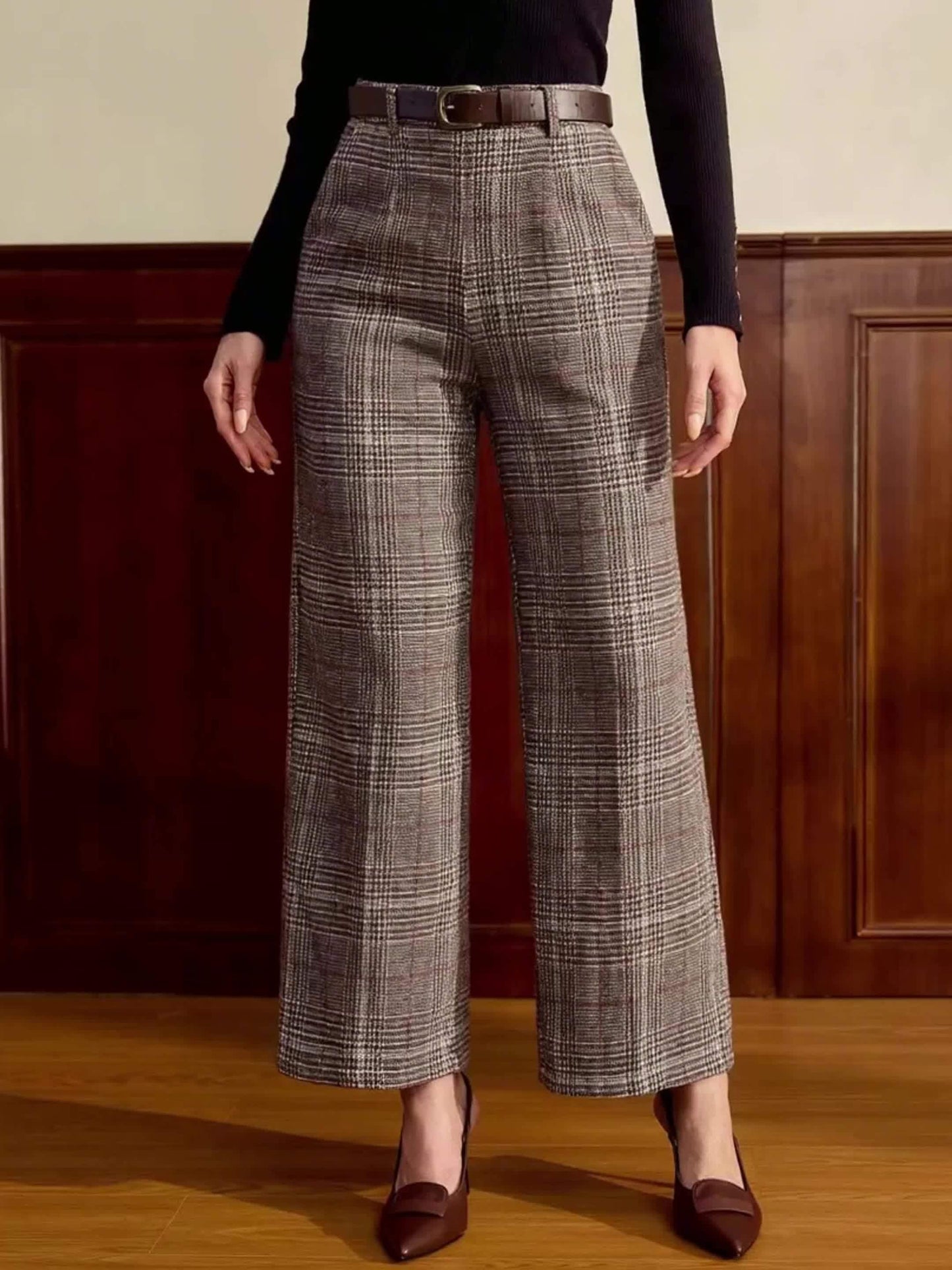 Pantalones de Pierna Ancha de Cuadrícula Elegante para Mujeres con Cintura Alta y Cinturón, Estilo Relajado y Ajustado