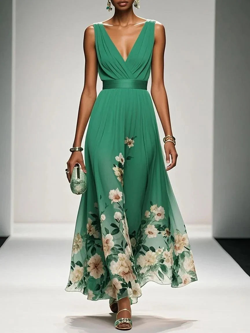 Elegante Vestido Maxi Floral para Mujeres con Escote en V Sin Mangas y Cintura Envolvente, Estilo para Invitadas de Boda