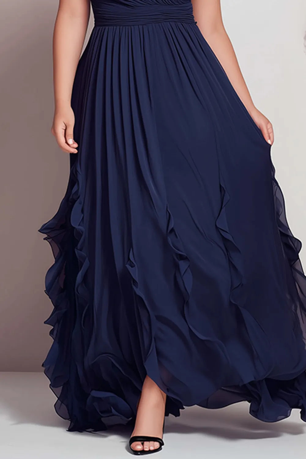 Elegante Vestido Maxi Azul Marino para Mujeres con Escote en V, Tirantes con Volantes y Cintura Fruncida para Invitadas de Boda