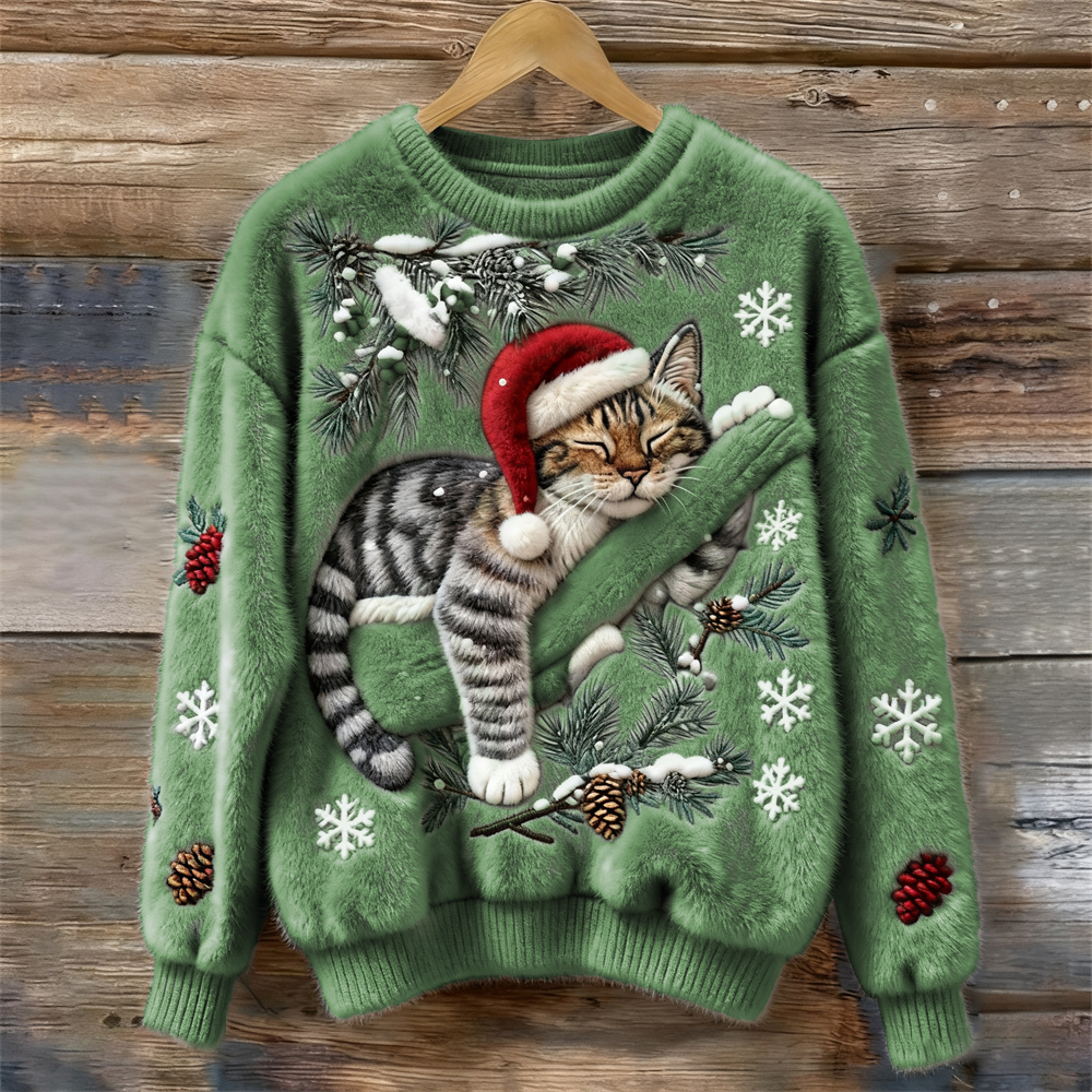 Suéter Cómodo con Estampado de Gato para Mujeres, Cuello Redondo, Manga Larga, Bordado de Copo de Nieve, Estilo Oversized de Tejido