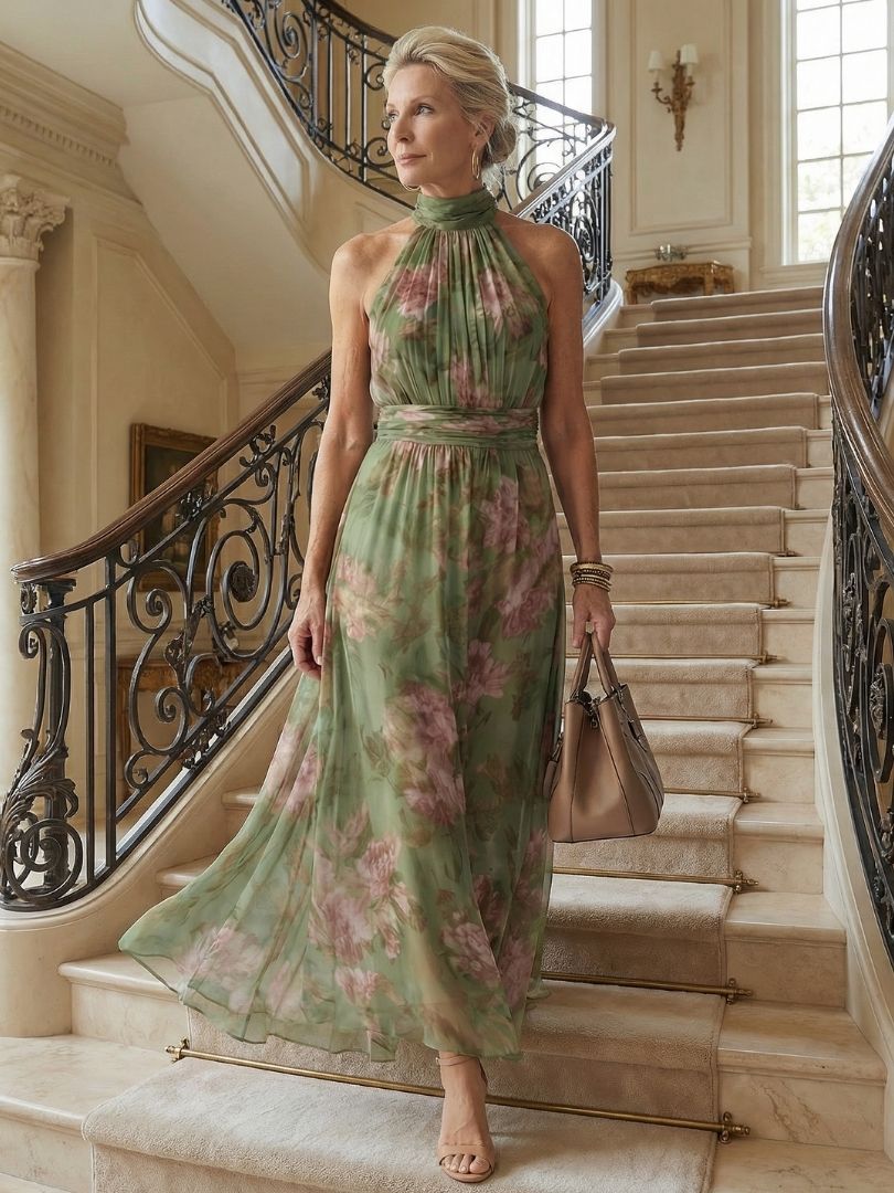 Elegante Vestido Maxi Floral Verde para Mujeres con Cuello Halter Sin Mangas y Estilo Fluido para Invitadas de Boda