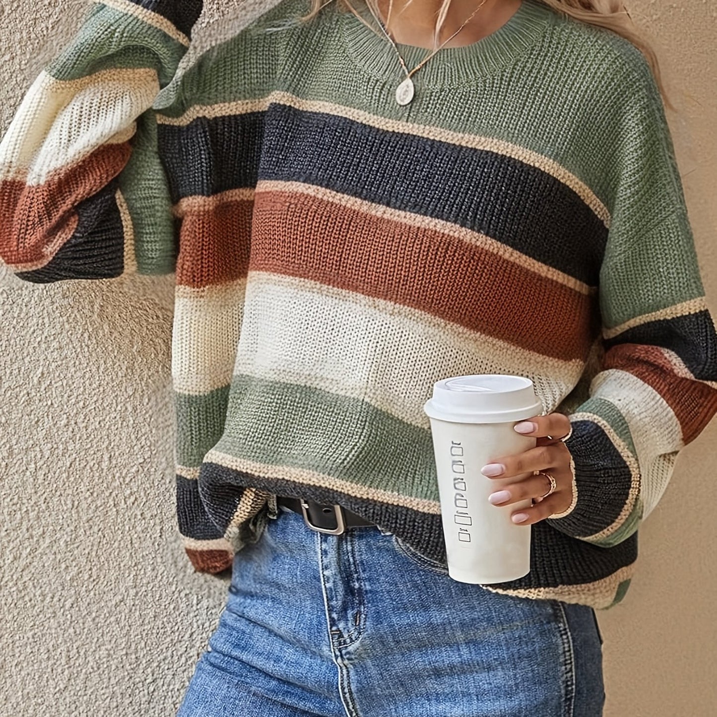 Suéter de rayas color bloque cómodo para mujeres con cuello redondo, manga larga y estilo de punto relajado y oversize