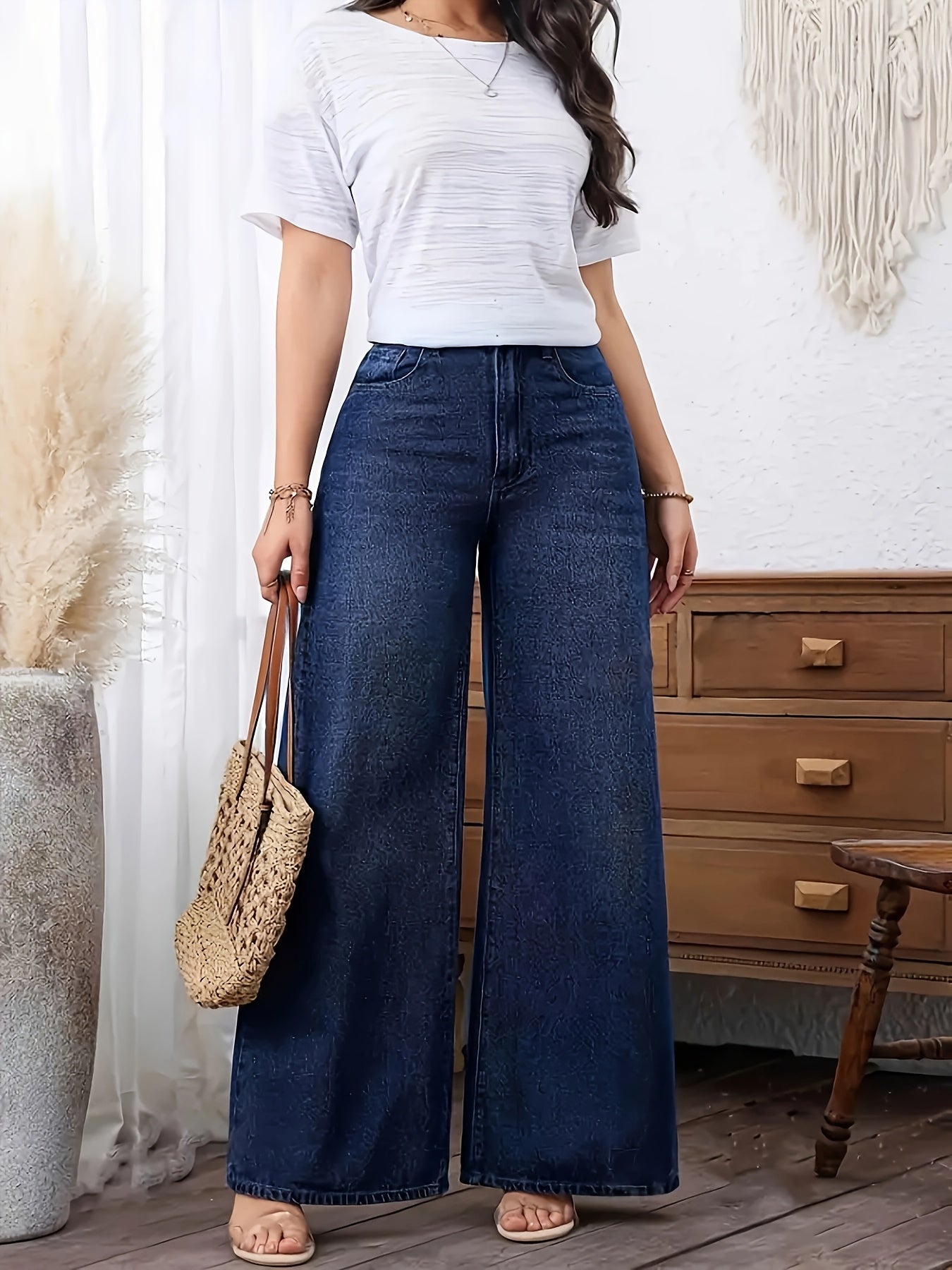 Jeans Anchos Azules de Cintura Alta y Estilo Fluido para Mujeres