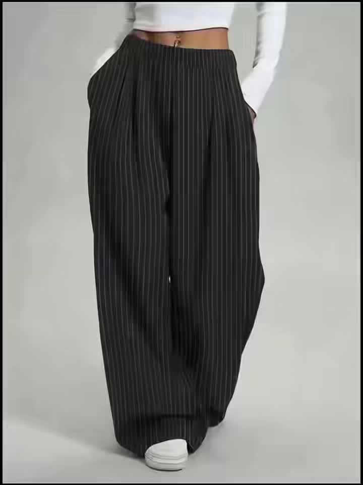 Pantalones Anchos de Rayas en Negro para Mujeres con Cintura Alta, Plisados y Estilo Relajado