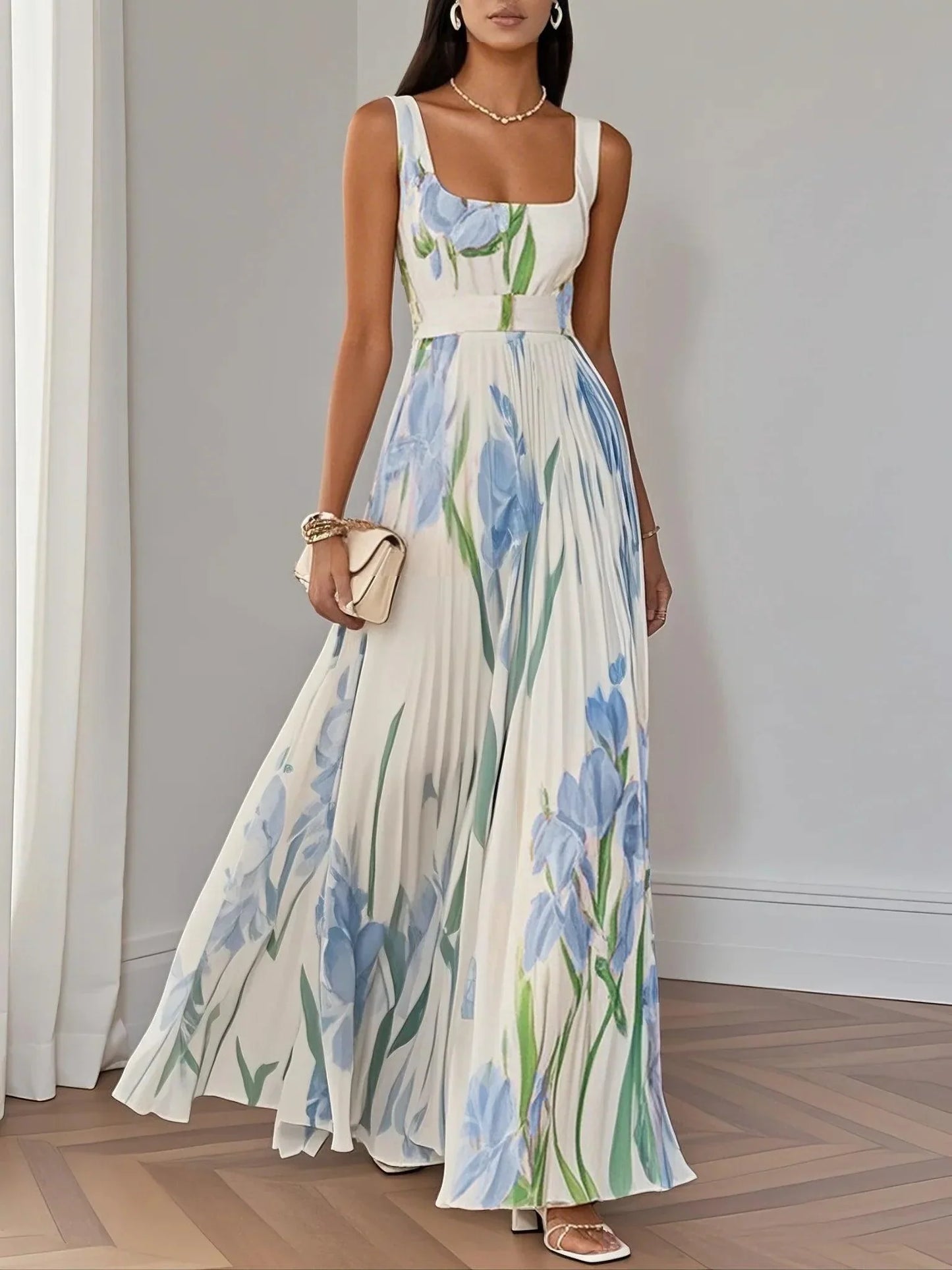 Vestido Maxi Floral Elegante para Mujeres con Escote Cuadrado Sin Mangas y Cinturón con Pliegues