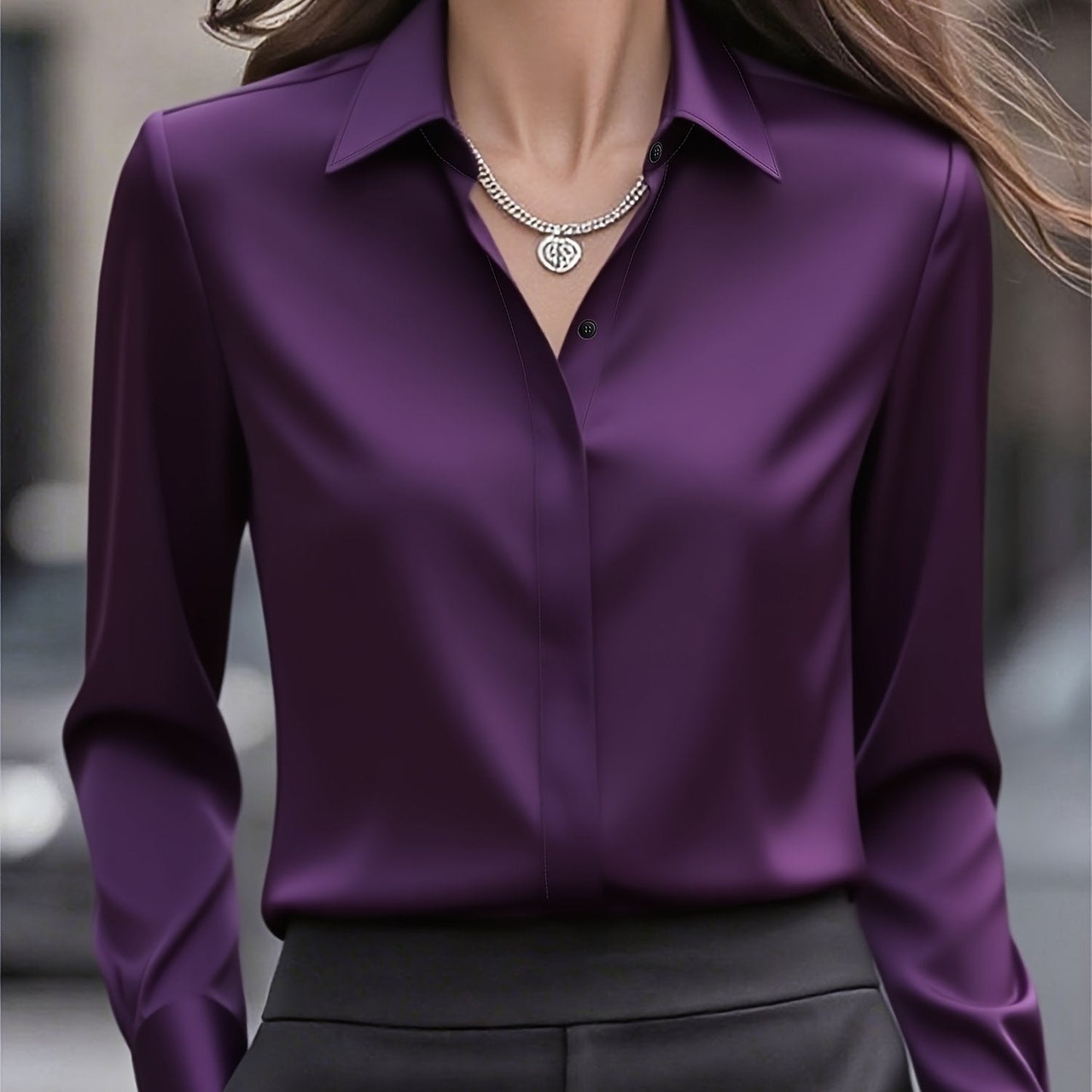 Blusa de Satén Elegante para Mujeres con Cuello, Manga Larga, Botón Frontal y Estilo Relajado