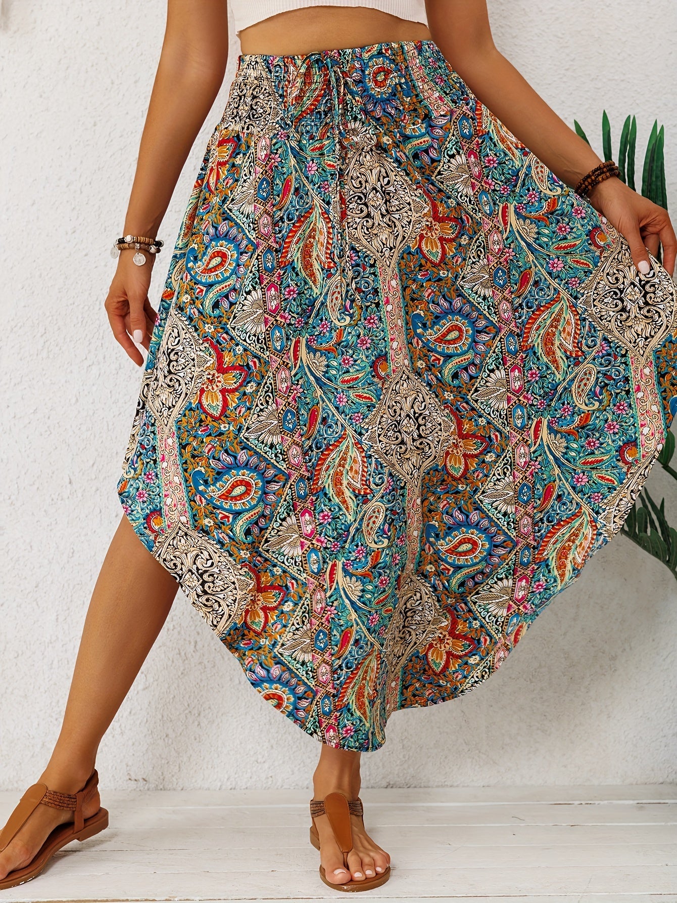 Falda Maxi Paisley Multicolor Sin Esfuerzo para Mujeres con Cintura Alta, Cuerda Ajustable y Dobladillo Asimétrico Estilo Bohemio
