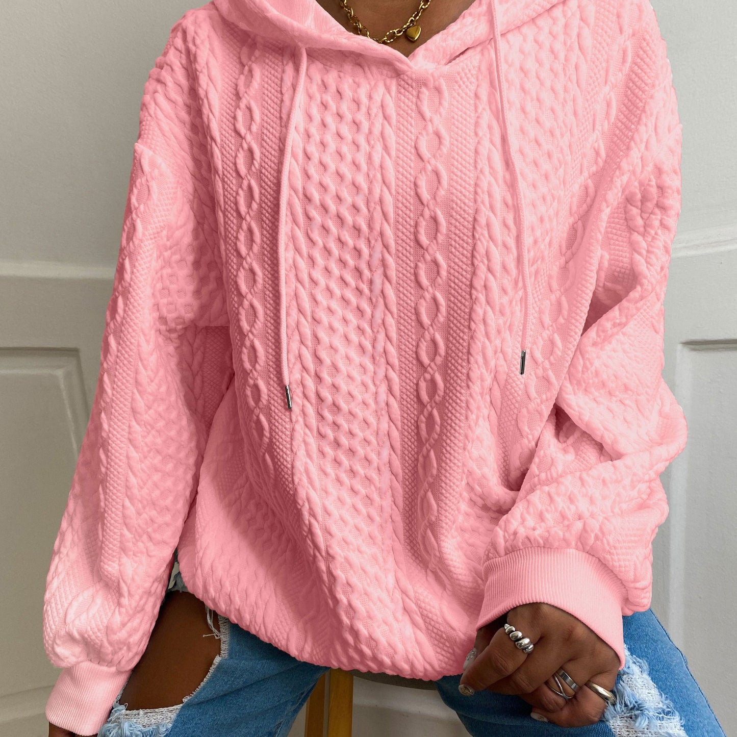 Sudadera de Punto Trenzado Cómoda para Mujeres con Capucha Ajustable de Cordón, Manga Larga, Estilo Relajado y Oversized
