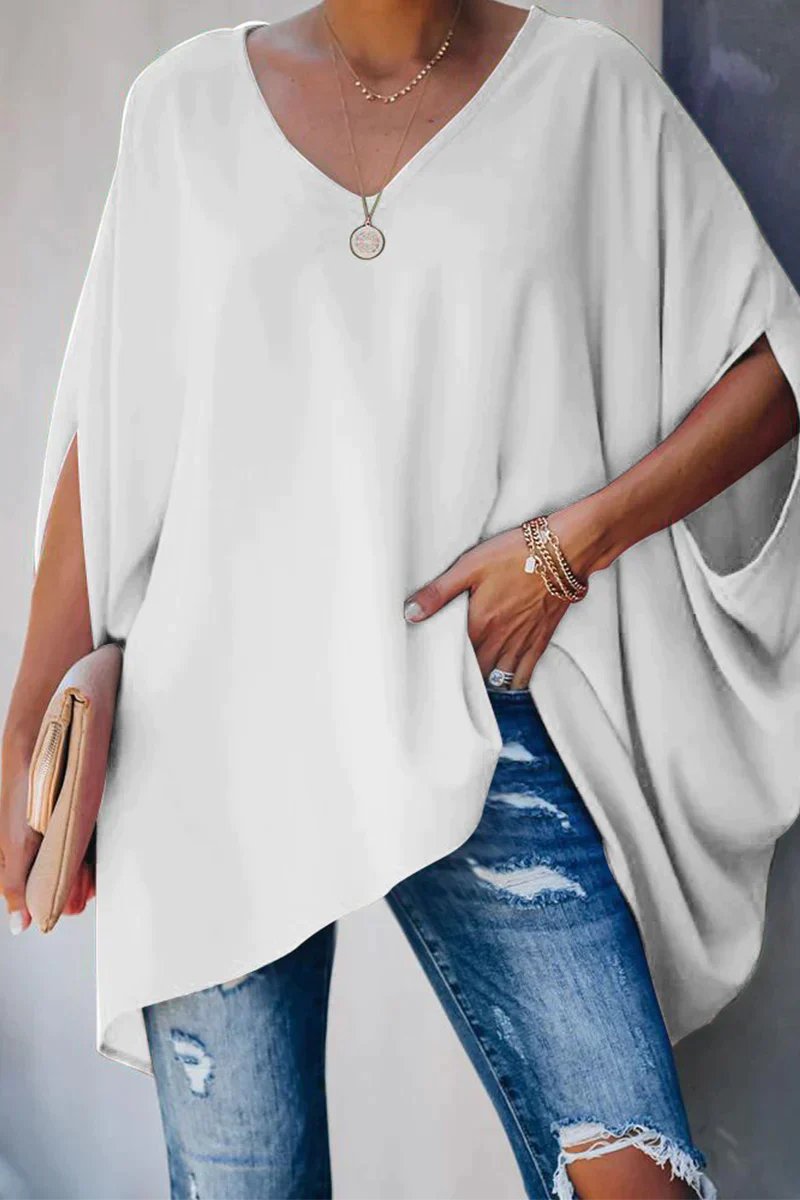 Blusa Poncho Sin Esfuerzo para Mujeres con Escote en V, Manga Murciélago y Dobladillo Alto-Bajo, Estilo Bohemio