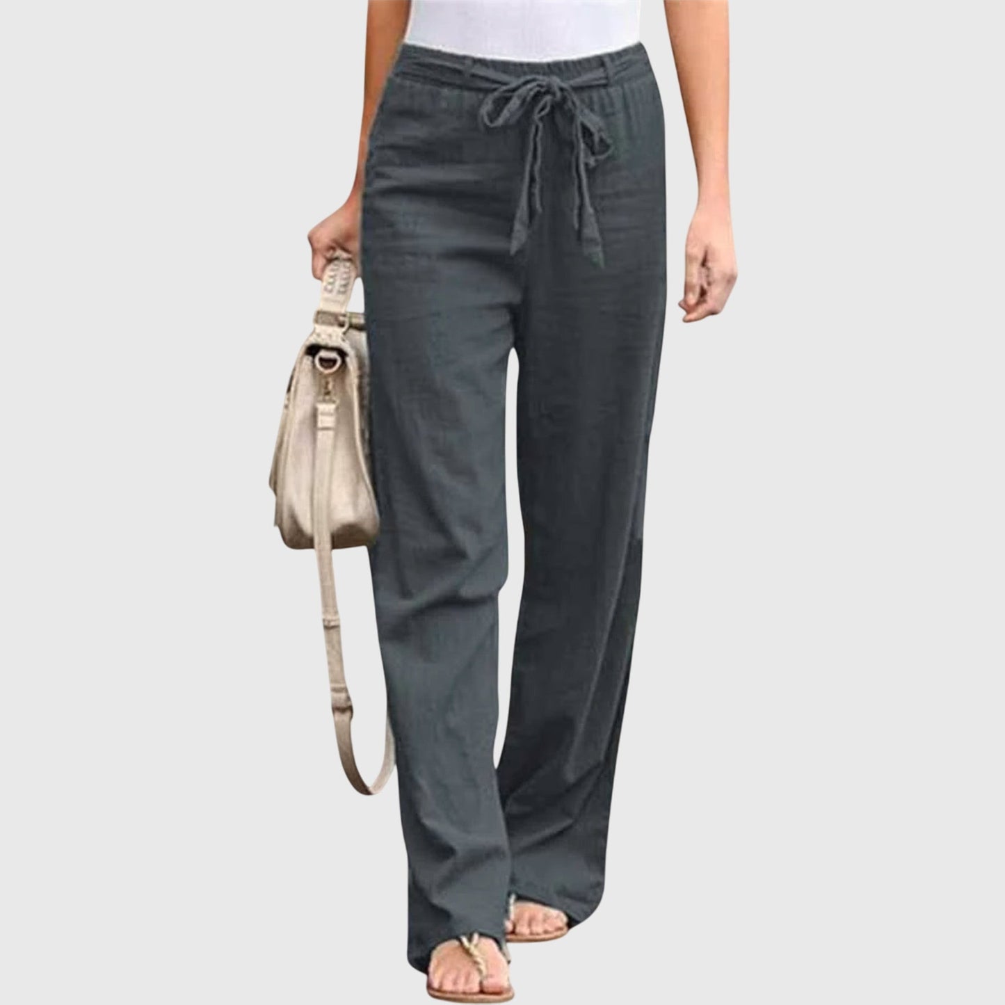 Pantalones de Lino Anchos para Mujeres con Cintura Alta y Cuerda Ajustable, Estilo Casual Relajado