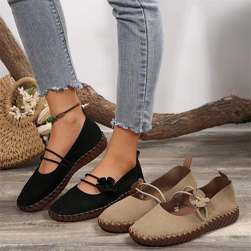 Zapatos Mary Jane cómodos para mujeres con detalle de doble correa y hebilla, estilo plano con suela suave