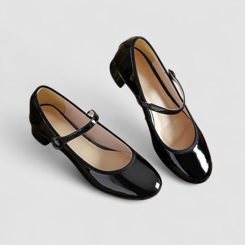 Elegante Zapato de Charol Mary Jane para Mujeres con Punta Redonda, Correa en el Tobillo y Tacón de Bloque