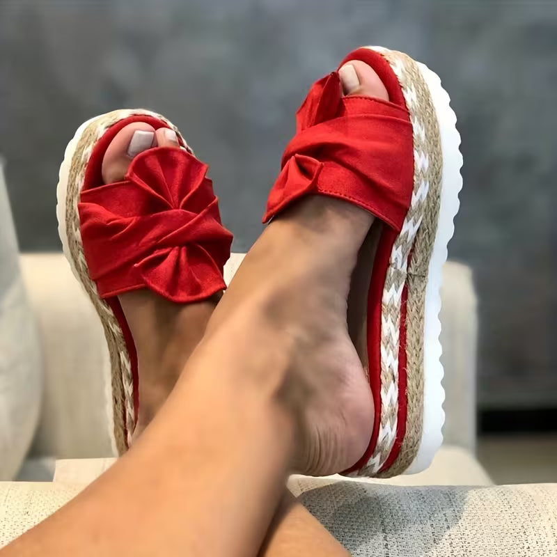 Sandalias de Deslizamiento Cómodas para Mujeres con Detalle de Lazo en Plataforma de Espadrille de Punta Abierta