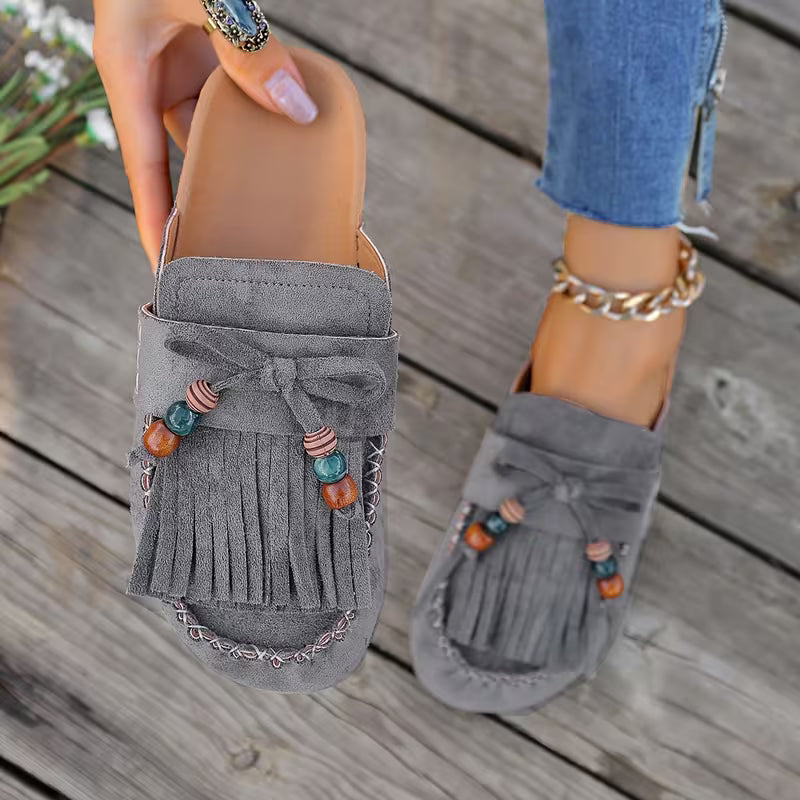 Mules Elegantes para Mujeres con Flecos, Borlas, Cuentas y Estilo Mocasín Slip On