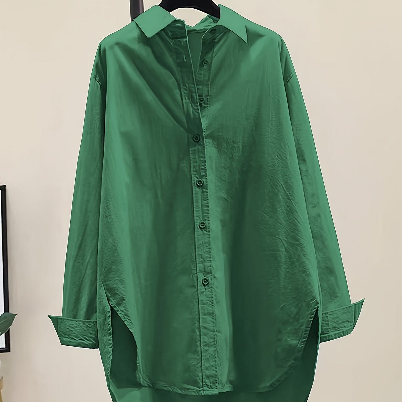 Blusa de Algodón Sin Esfuerzo para Mujeres con Cuello de Punto, Manga Larga, Estilo Oversized y Bajo Irregular