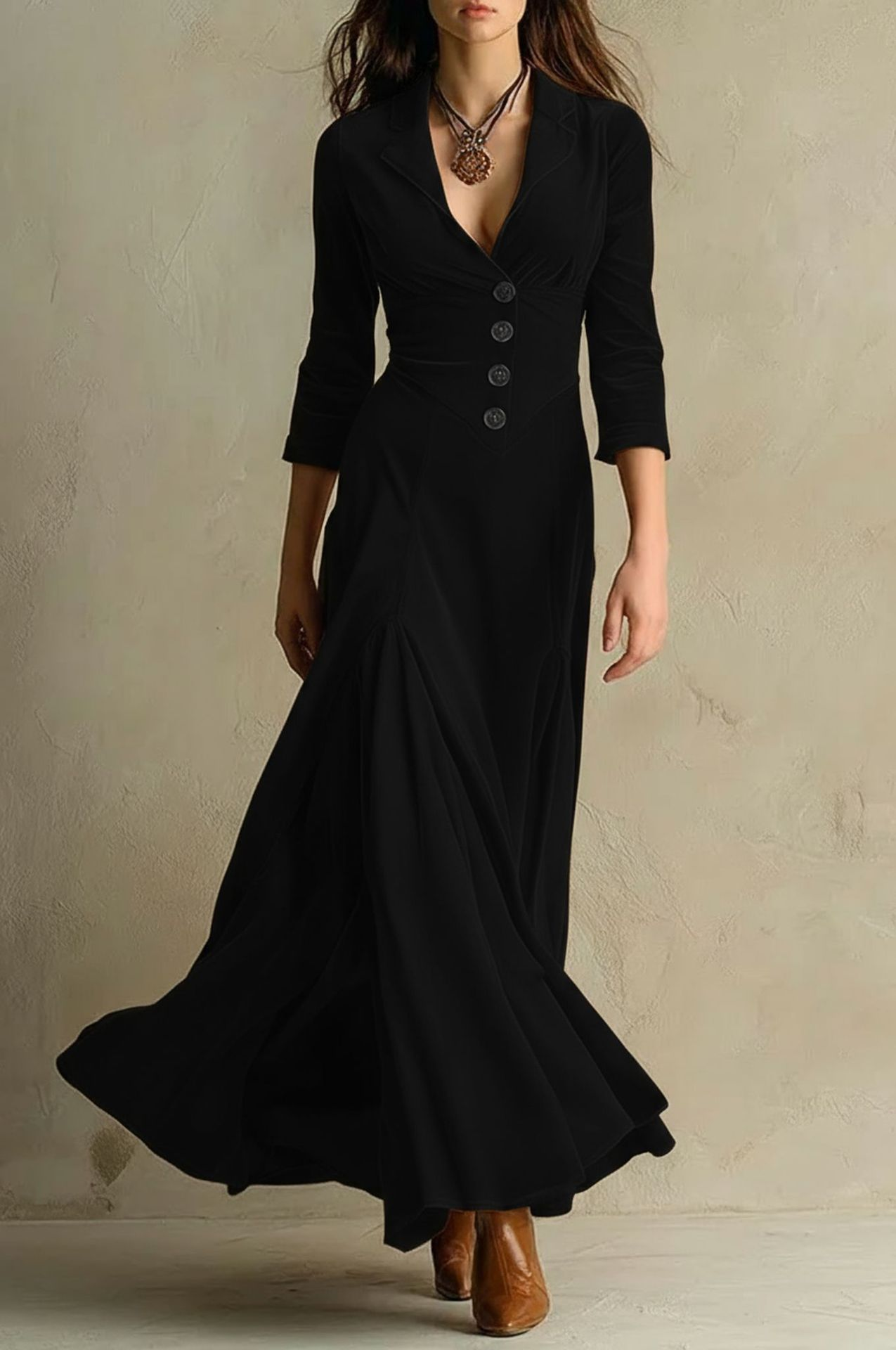 Vestido Maxi de Terciopelo Elegante para Mujeres con Cuello de Muesca, Manga de Codo, Botones en la Parte Frontal y Estilo Vintage