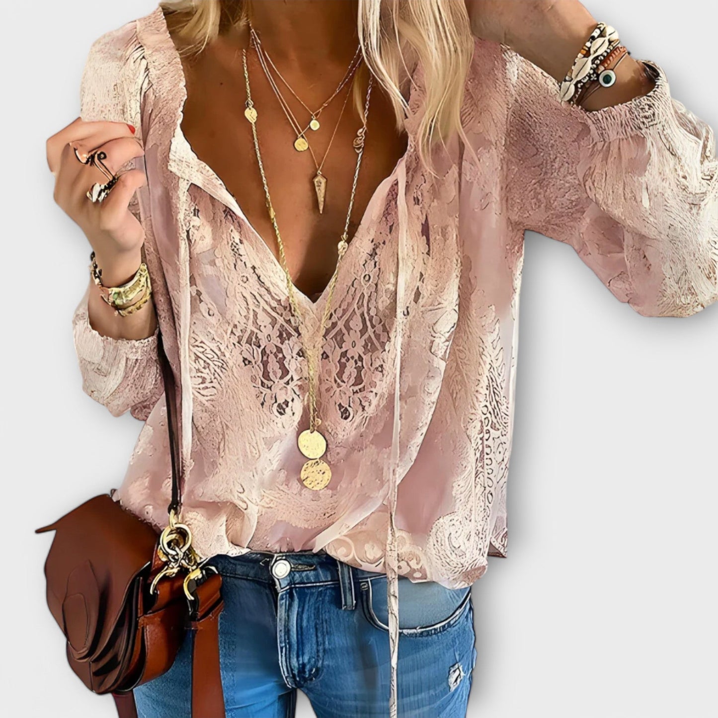 Blusa de Encaje Sin Esfuerzo para Mujeres con Escote en V, Mangas Largas y Lazo Frontal Estilo Boho