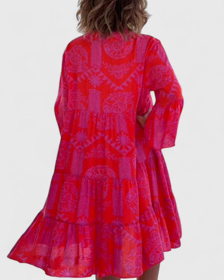 Vestido Midi Kaftán de Estampado Tribal para Mujeres con Escote en V, Manga de Campana, Capa y Alto Escote Estilo Bohemio