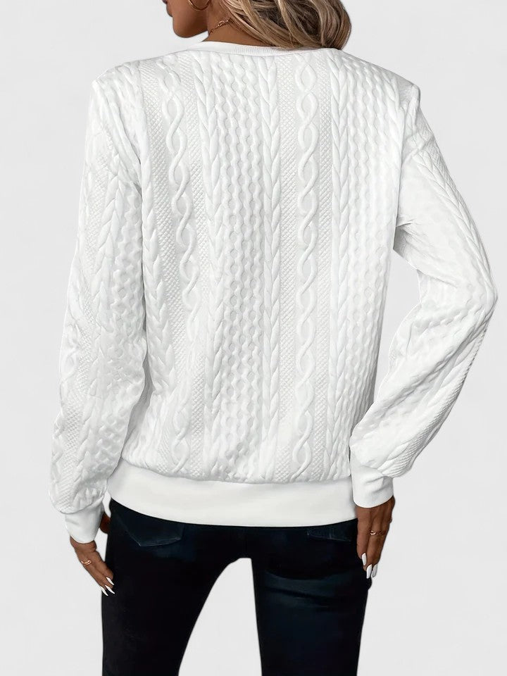 Sudadera de punto trenzado cómoda para mujeres con cuello de triplete y manga larga, estilo relajado y oversize