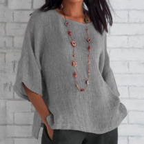 Blusa de Túnica de Lino Sin Esfuerzo para Mujeres con Cuello Mao, Manga de Codo, Corte Relajado y Abertura Lateral Casual