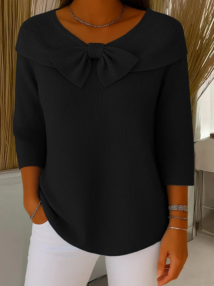 Suéter de Punto Acanalado Sin Esfuerzo para Mujeres con Cuello en V, Manga Codo, Lazo y Estilo Relajado