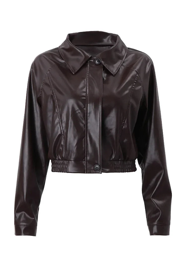 Chaqueta de Cuero Marrón Elegante para Mujeres con Cuello, Manga Larga, Cierre Frontal con Cremallera, Estilo Moto Corto