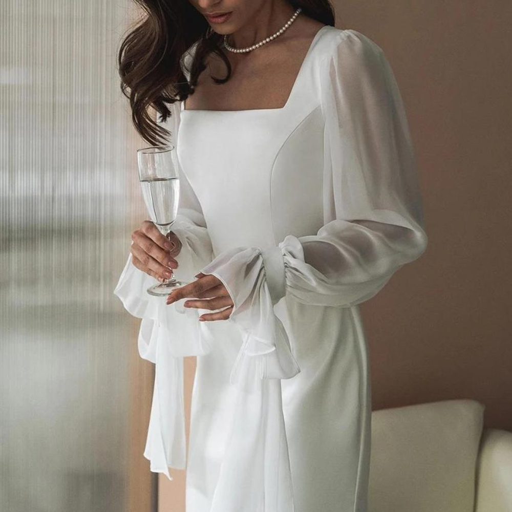Vestido Maxi Blanco Elegante para Mujeres con Cuello Cuadrado y Mangas Globo Estilo Cuerpo Ceñido Fluyente