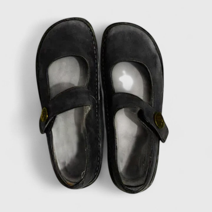 Zapatos Planos Mary Jane de Cuero Cómodos para Mujeres con Punta Redonda y Correa de Botón, Suela Cosida, Estilo Casual