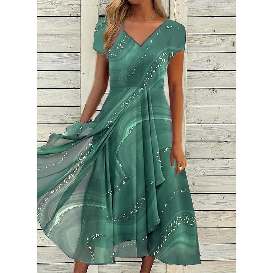 Elegante vestido midi de impresión mármol con lentejuelas para mujeres, con escote en V, mangas cortas, estilo envolvente y volantes para fiestas formales