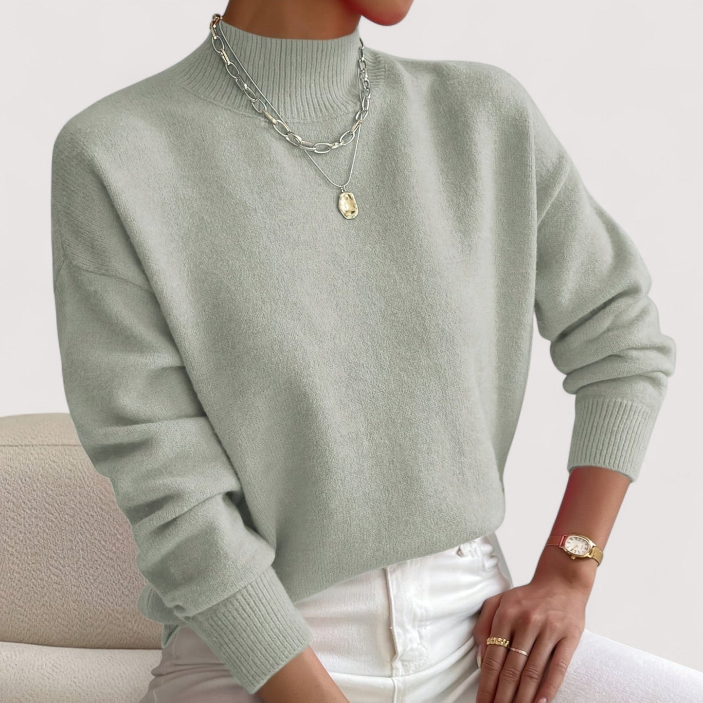 Suéter de punto oversized cómodo para mujeres con cuello alto y mangas largas, estilo relajado y casual