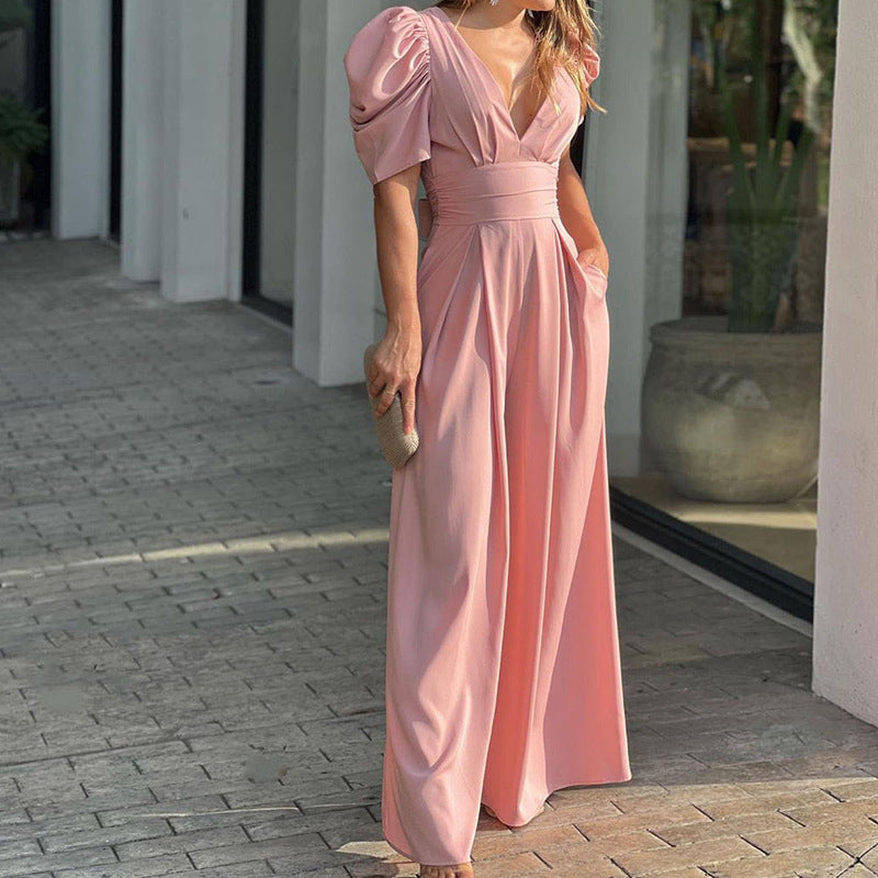 Mono Elegante de Pierna Ancha para Mujeres con Escote en V, Manga Abullonada y Cintura Con Cinturón