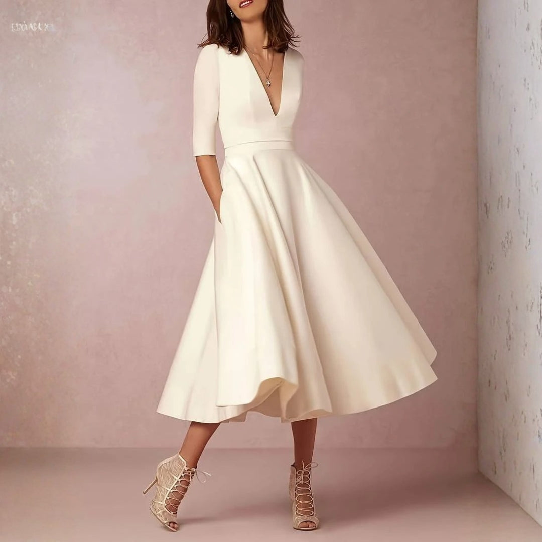 Vestido Midi de Satén Blanco Elegante para Mujeres con Escote en V y Mangas hasta el Codo, Estilo para Invitadas de Boda
