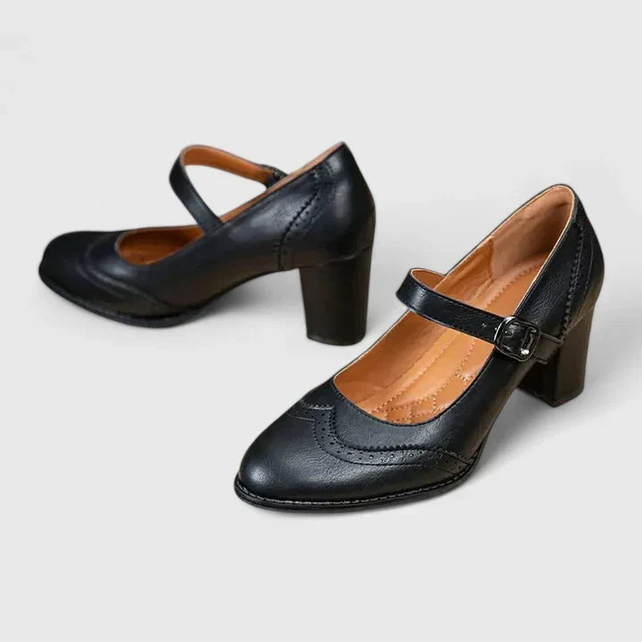Elegantes Zapatos de Tacón Mary Jane de Cuero para Mujeres con Correa de Hebilla Brogue de Punta Alada y Tacón Bloque