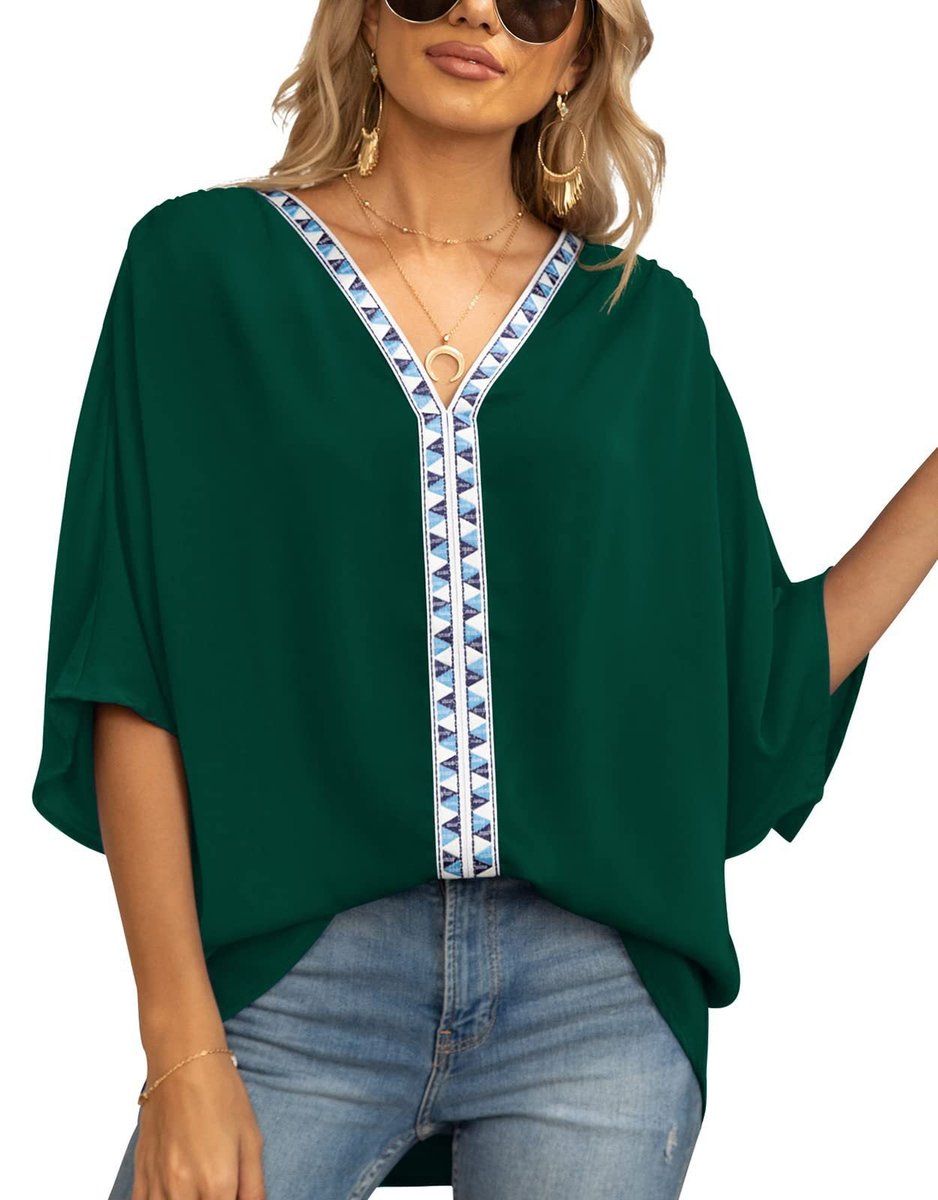 Blusa con Bordado y Corte Desenfadado para Mujeres con Cuello en V, Manga Murciélago y Dobladillo Asimétrico Estilo Bohemio