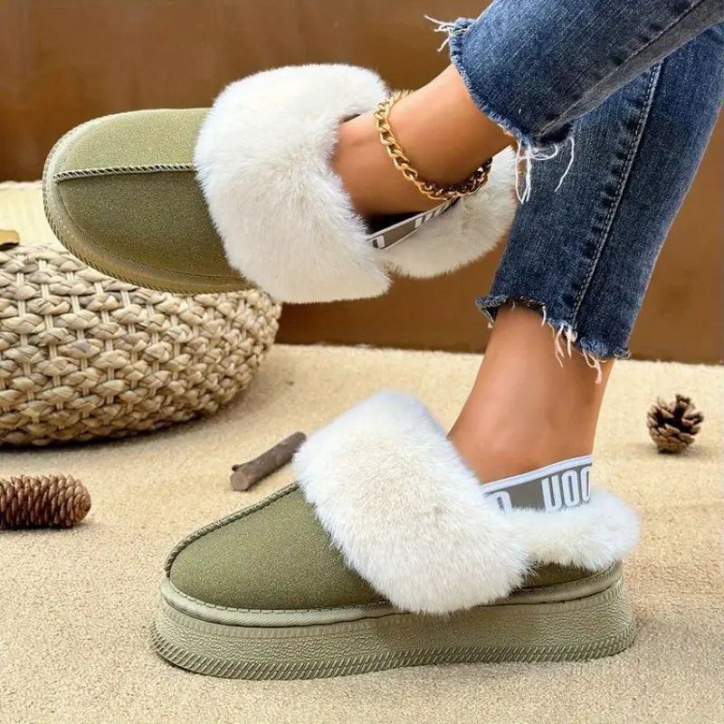 Zapatillas de Plataforma Cómodas para Mujeres con Ribete de Piel Sintética, Zapatos de Casa Acolchados