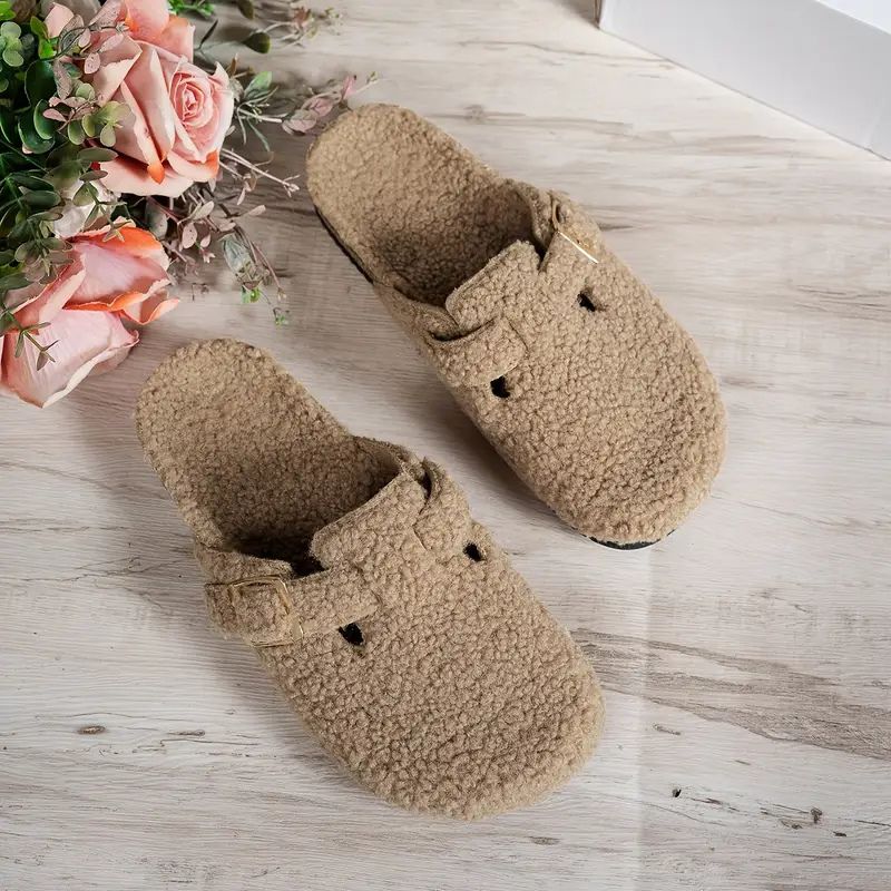 Zuecos Cómodos para Mujeres con Parte Superior de Forro de Oveja Teddy, Correa de Hebilla, Sin Talón, Calzado de Casa