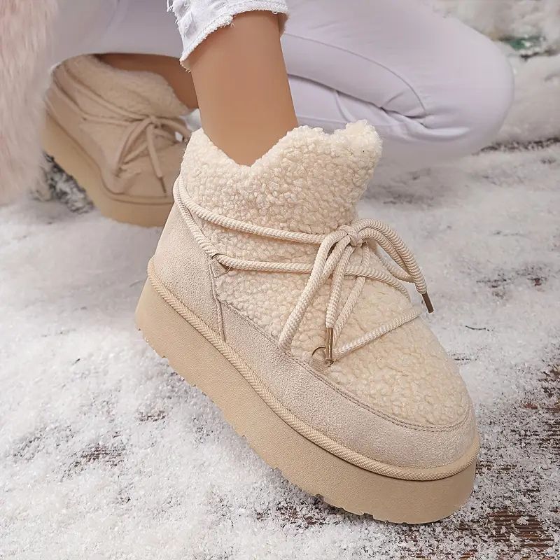 Zapatos de Invierno Cómodos para Mujeres con Forro de Piel Sintética Estilo Botín de Plataforma con Cordones
