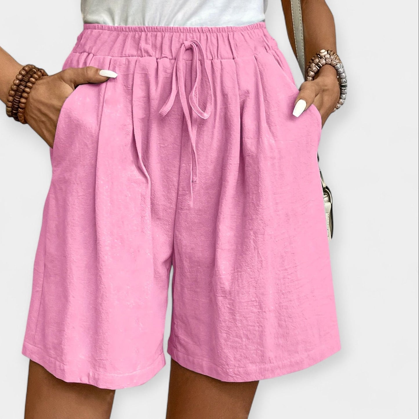 Pantalones Cortos de Lino Anchos para Mujeres con Cintura Alta y Cordón Ajustable, Estilo Casual Relajado
