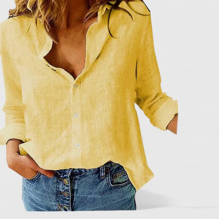 Blusa de Lino Floral Sin Esfuerzo para Mujeres con Cuello, Manga Larga, Botones en la Parte Delantera, Estilo Relajado
