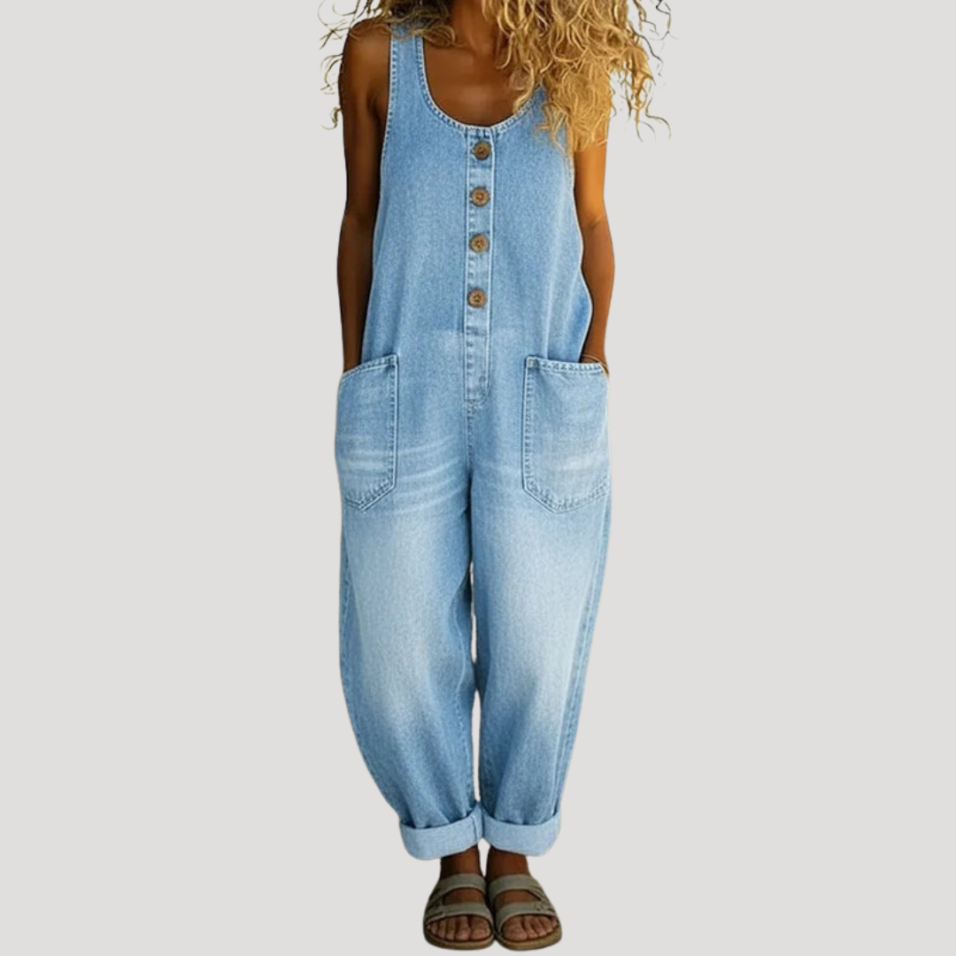 Overoles de Denim Sin Esfuerzo para Mujeres con Escote Redondeado, Sin Mangas, Botones Frontales y Pierna Ancha