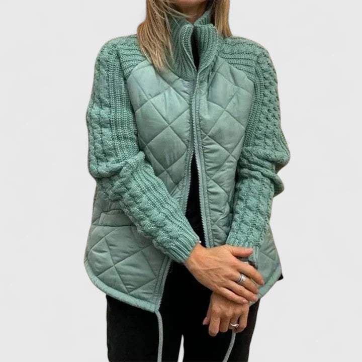 Chaqueta de Suéter Acolchada y Cómoda para Mujeres con Cuello Alto, Manga Larga y Cierre Frontal de Cremallera, Estilo Casual