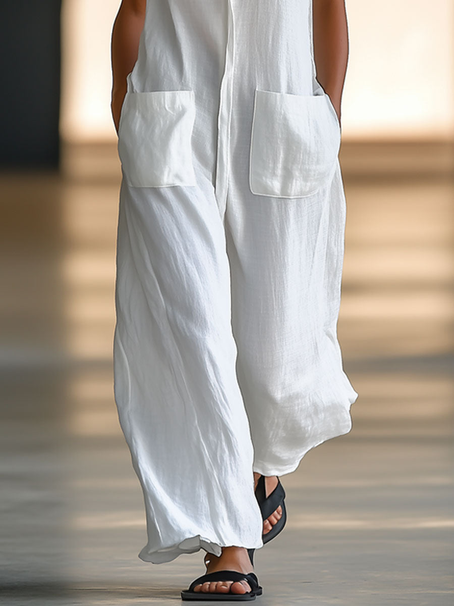 Jumpsuit Elegante de Lino Blanco para Mujeres con Cuello Sin Mangas y Pierna Ancha Estilo Relajado