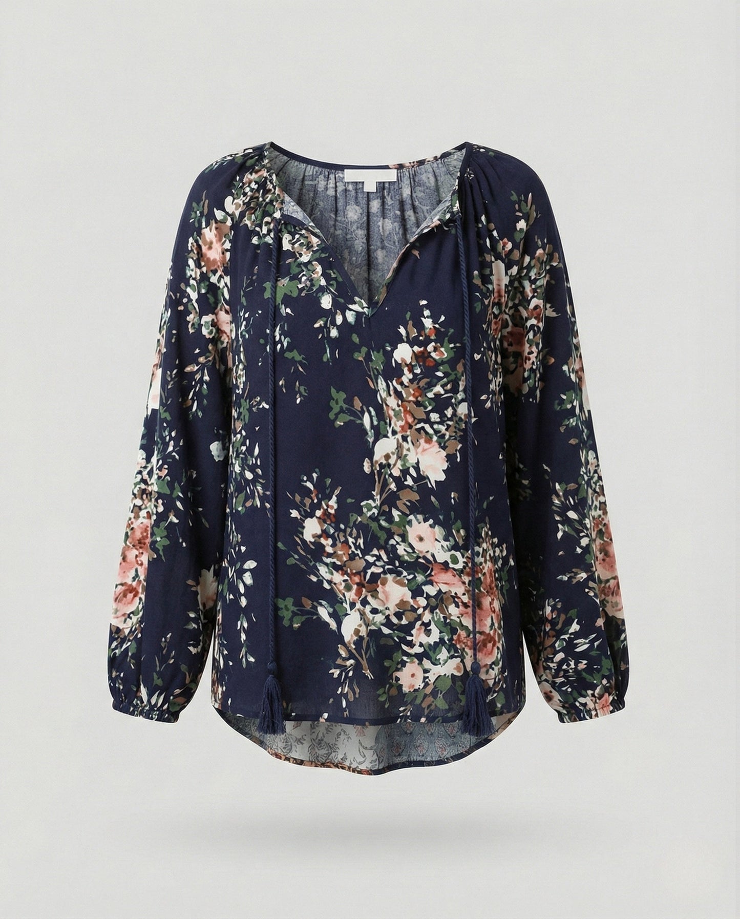 Blusa Floral de Patchwork Sin Esfuerzo para Mujeres con Cuello en V, Manga Larga y Laço de Borlas Estilo Bohemio