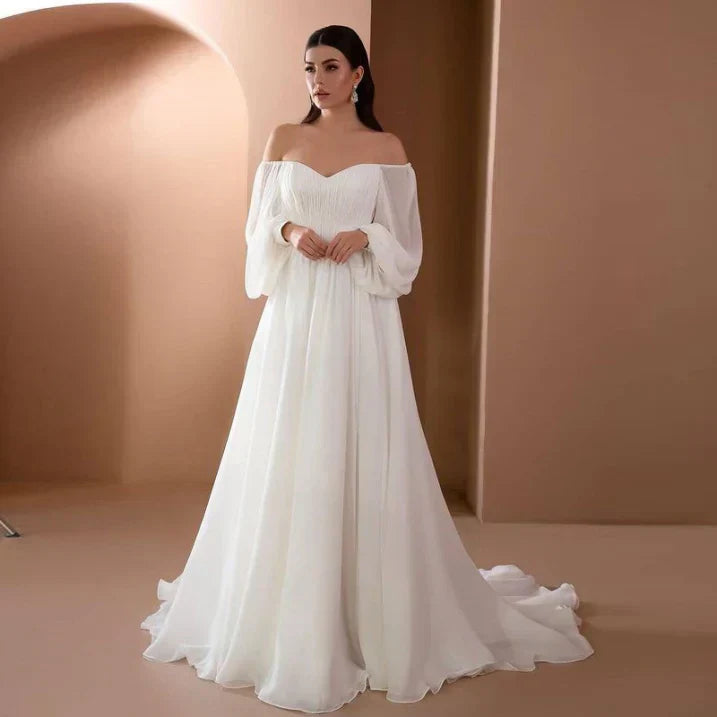 Elegante Vestido de Novia de Chiffon Blanco para Mujeres con Escote Corazón y Mangas Obispo Caídas Estilo A Linea