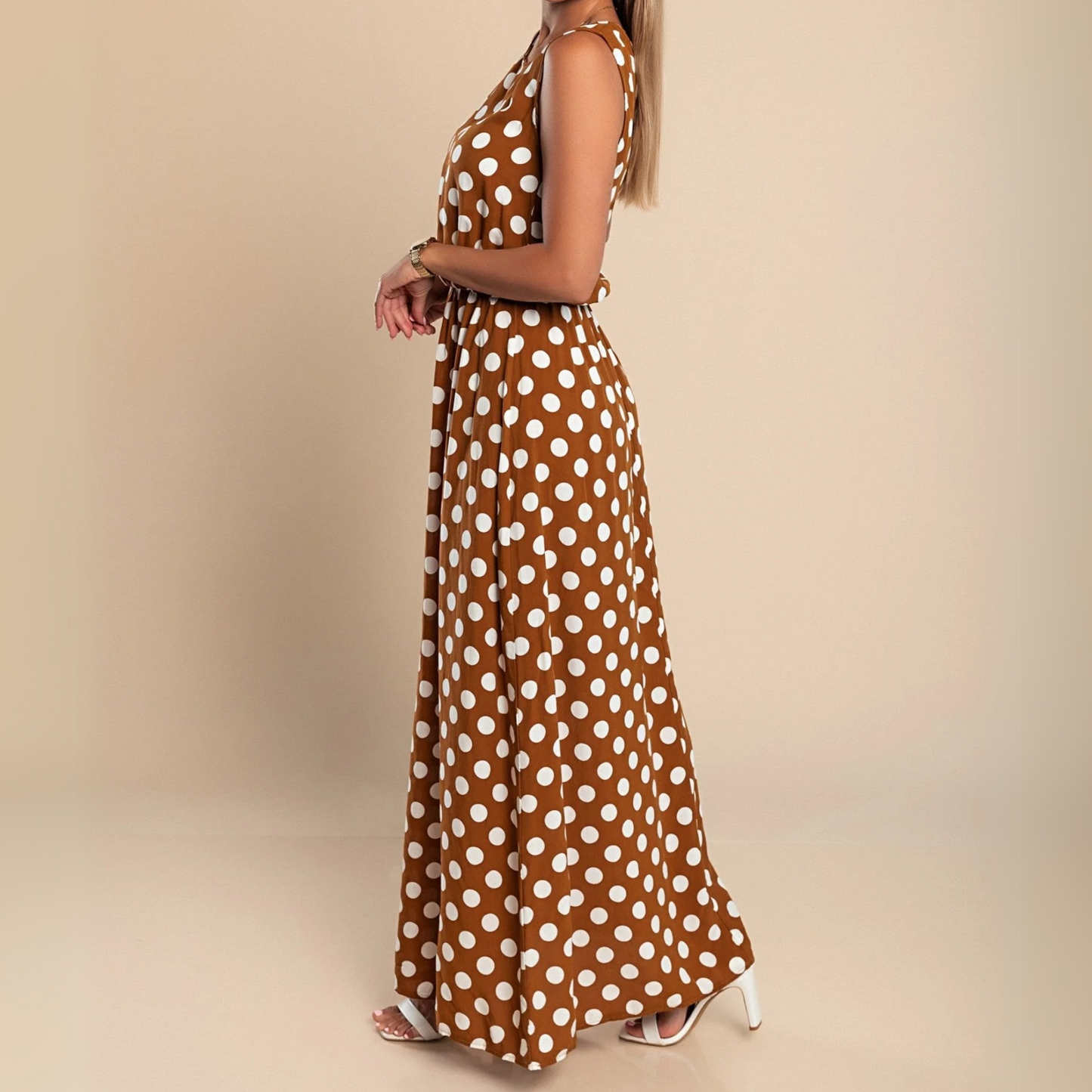 Vestido Maxi de Lunares sin Mangas para Mujeres con Cuello Redondo y Cintura Elástica, Estilo Fluyente